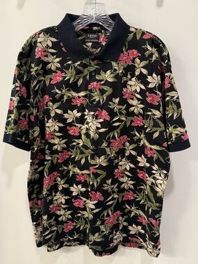Izod Golf Men’s Large 100% Cotton Polo Hawaii Pink & Green Floral Print Soft